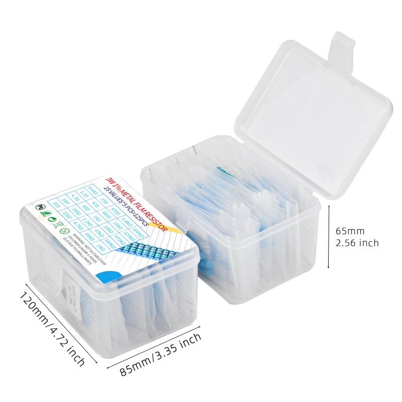 Kokiso 3W 125Pcs 25 Value 0.68R-1Mr O Ohm 1% Tolerance 0.01 Metal Film Resistor Assorted Kit Assortment - Image 2